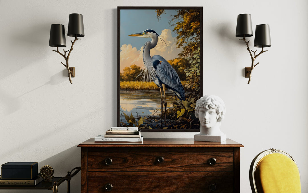 Great Blue Heron In Marshland Framed Canvas Wall Art