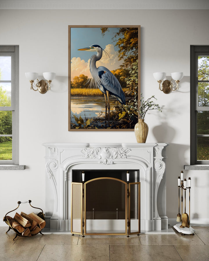 Great Blue Heron In Marshland Framed Canvas Wall Art