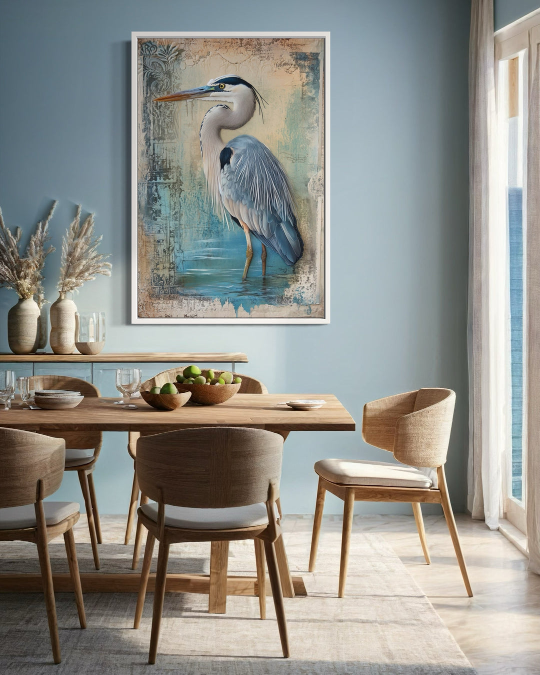 Great Blue Heron Wading In Water Rustic Coastal Framed Canvas Wall Art