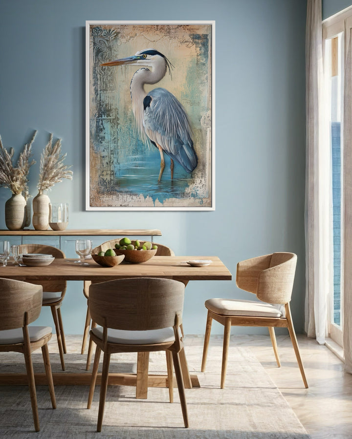 Great Blue Heron Wading In Water Rustic Coastal Framed Canvas Wall Art