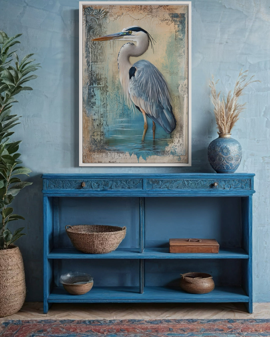 Great Blue Heron Wading In Water Rustic Coastal Framed Canvas Wall Art