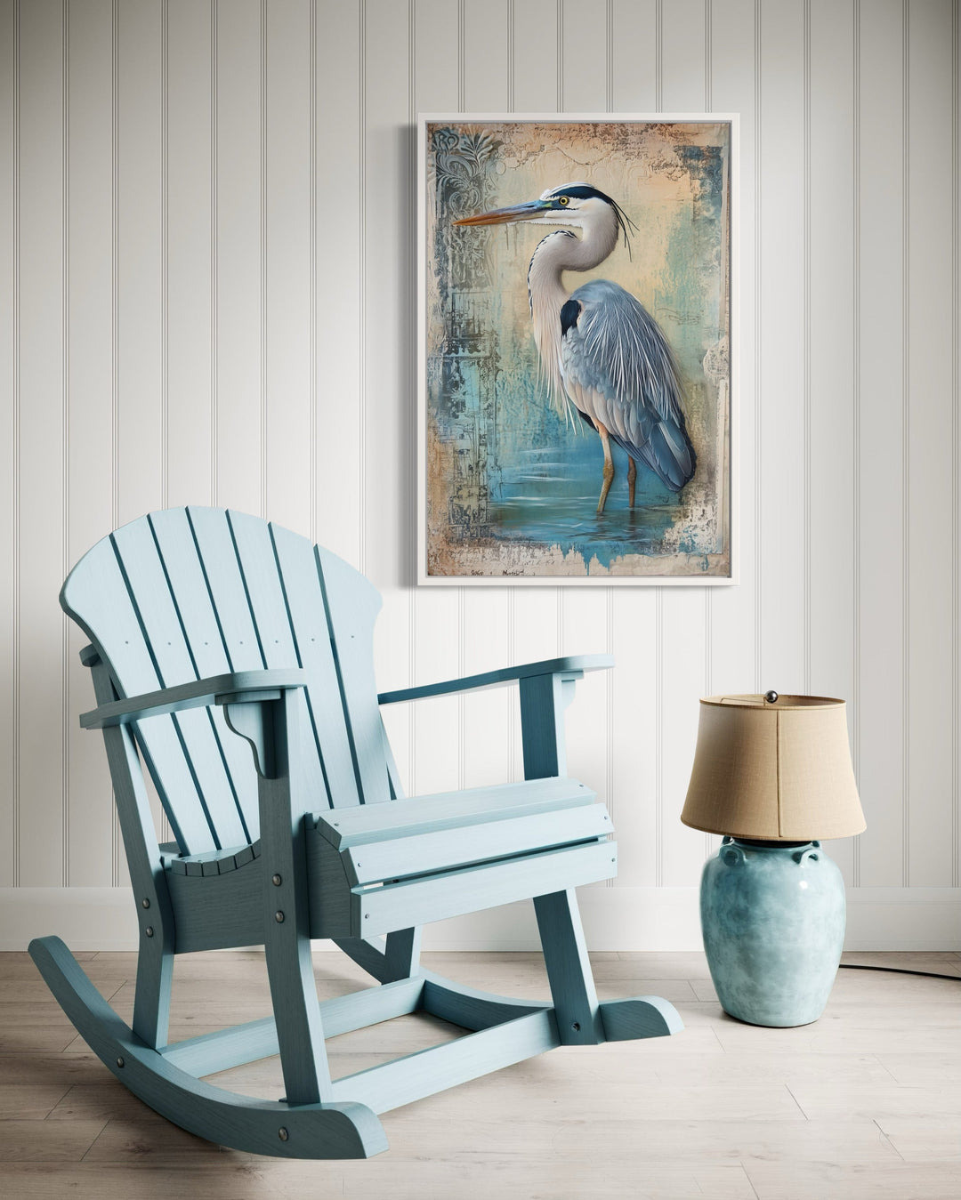 Great Blue Heron Wading In Water Rustic Coastal Framed Canvas Wall Art