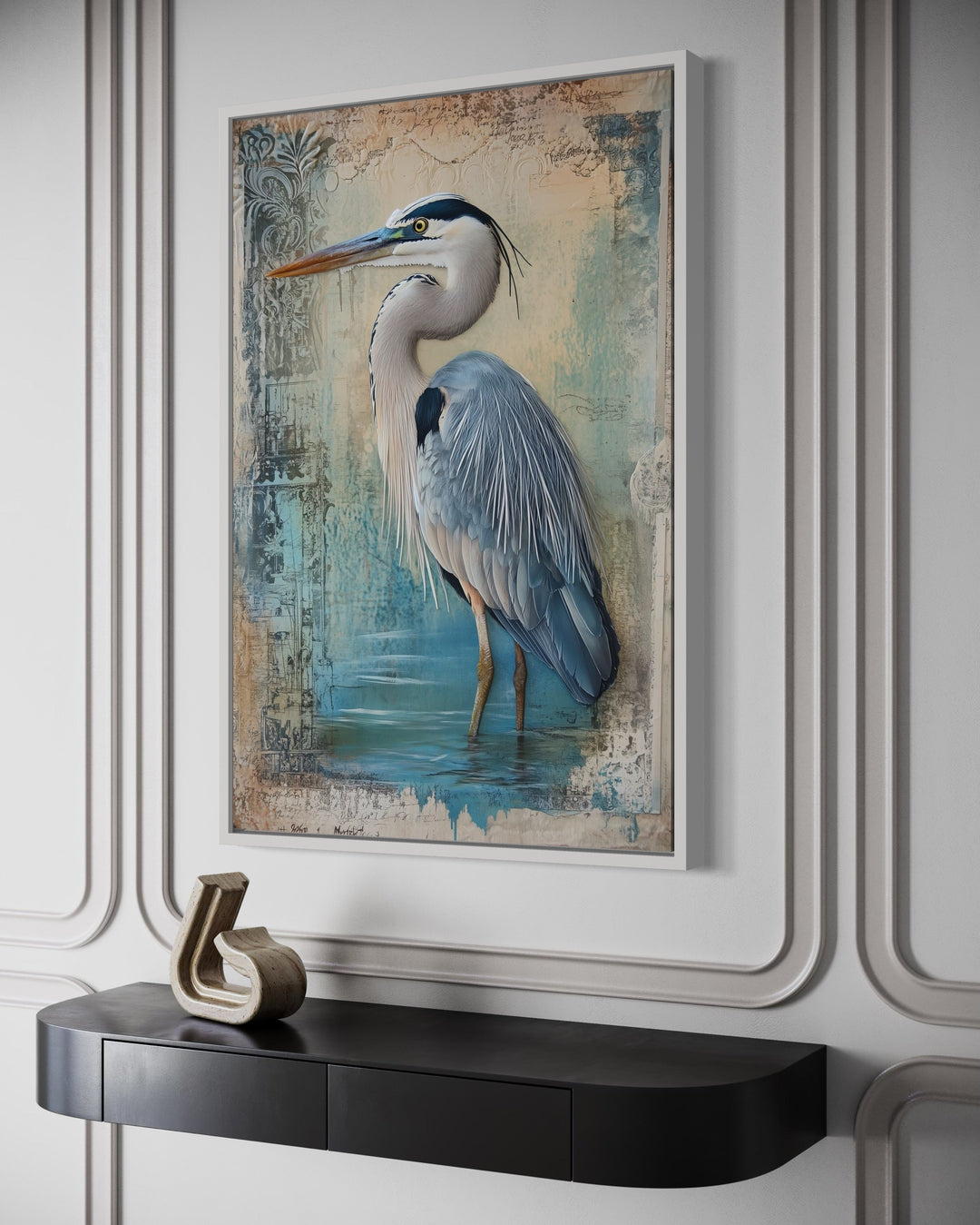 Great Blue Heron Wading In Water Rustic Coastal Framed Canvas Wall Art