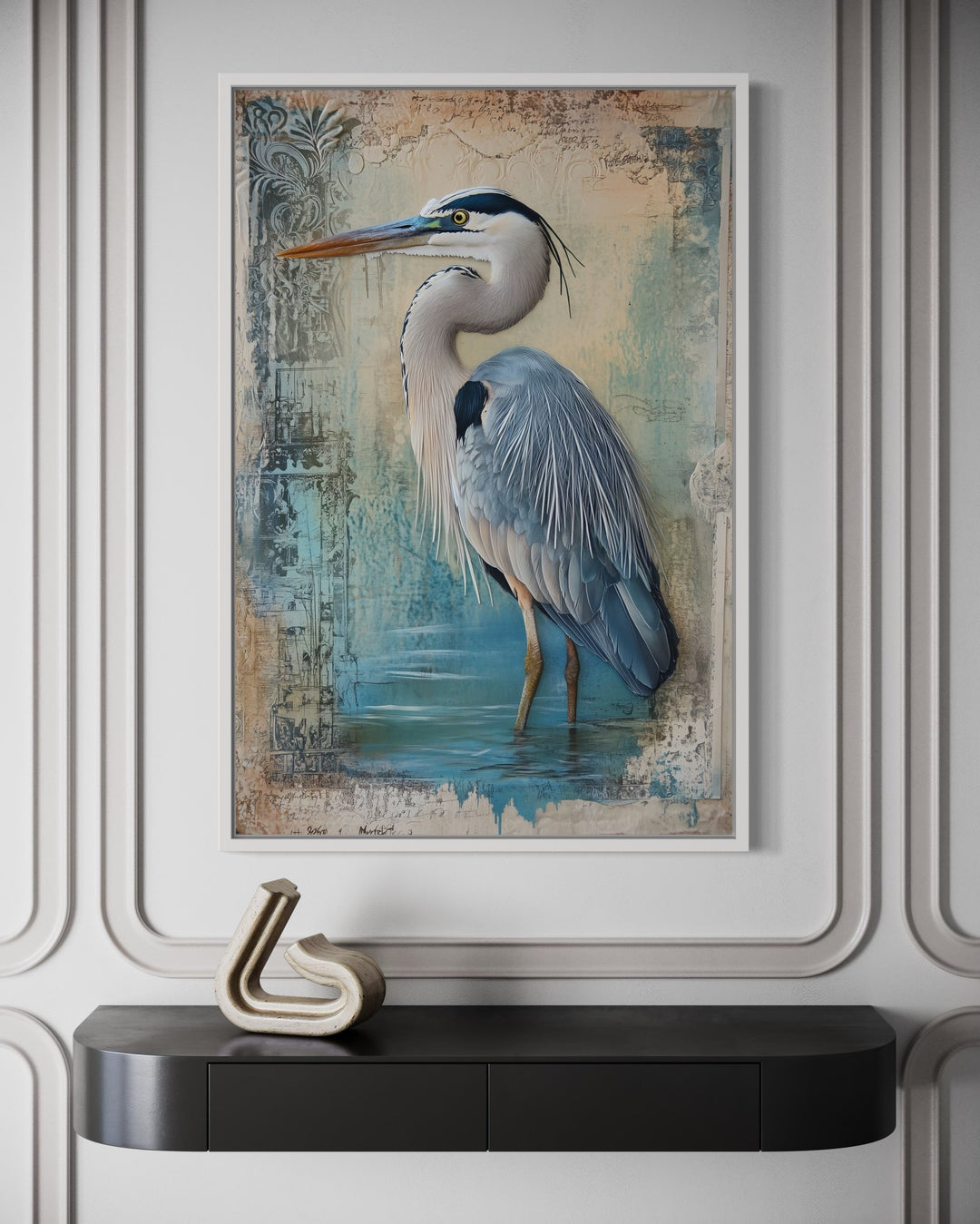 Great Blue Heron Wading In Water Rustic Coastal Framed Canvas Wall Art