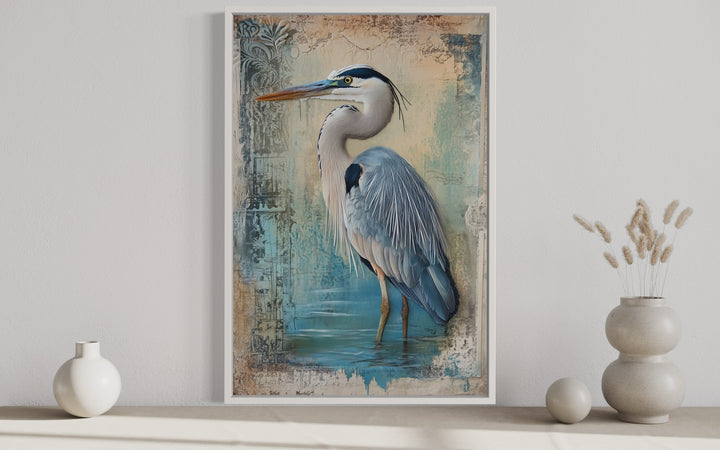 Great Blue Heron Wading In Water Rustic Coastal Framed Canvas Wall Art