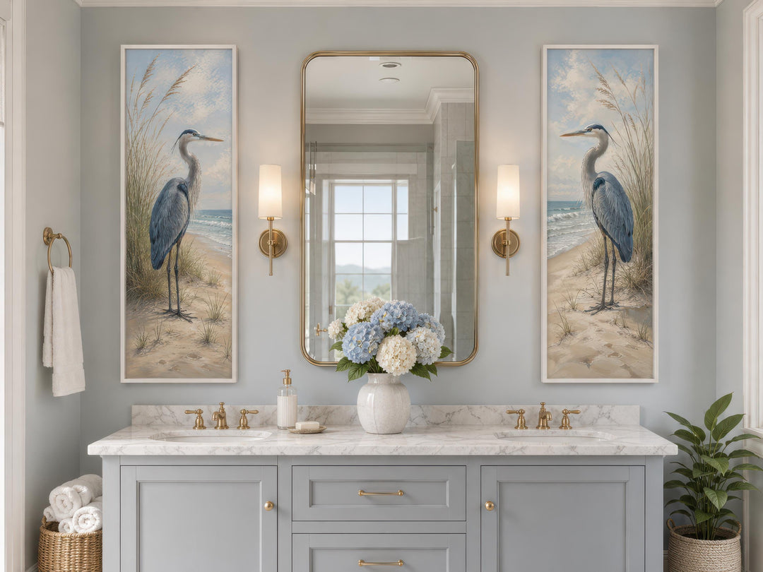 Great Blue Heron Wall Art – Set of Two Tall Narrow Coastal Canvas Prints for Beach House