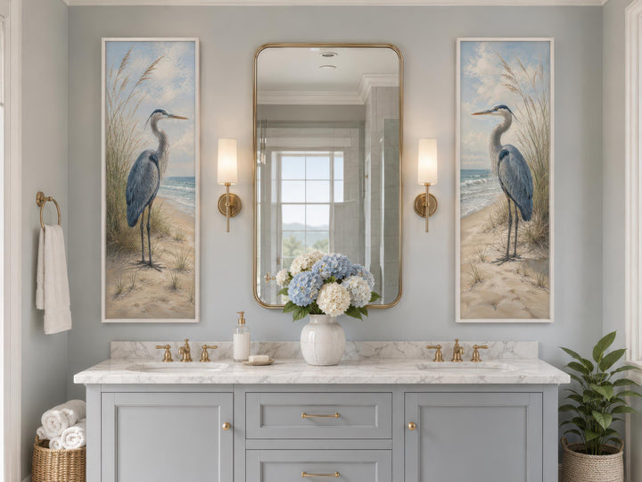 Great Blue Heron Wall Art – Set of Two Tall Narrow Coastal Canvas Prints for Beach House