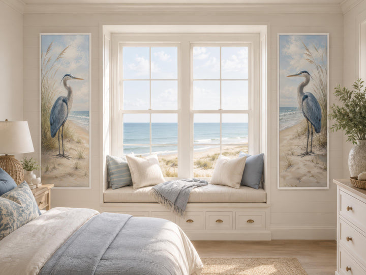 Great Blue Heron Wall Art – Set of Two Tall Narrow Coastal Canvas Prints for Beach House