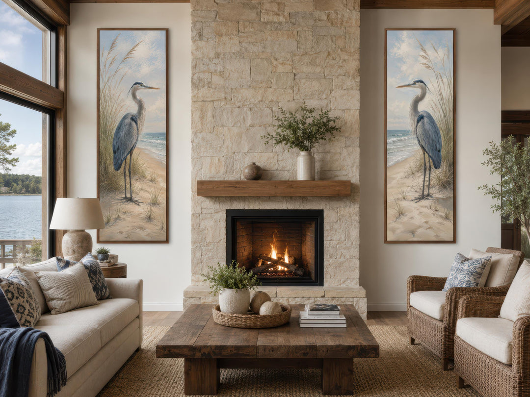 Great Blue Heron Wall Art – Set of Two Tall Narrow Coastal Canvas Prints for Beach House