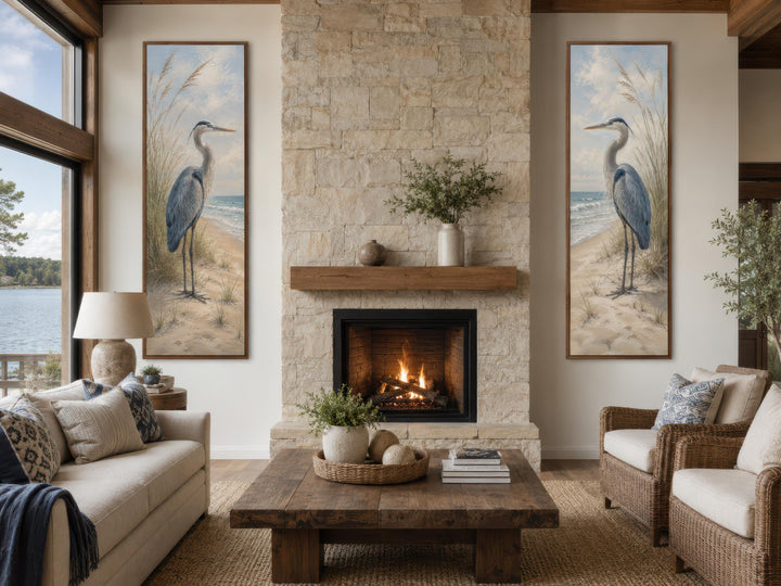 Great Blue Heron Wall Art – Set of Two Tall Narrow Coastal Canvas Prints for Beach House