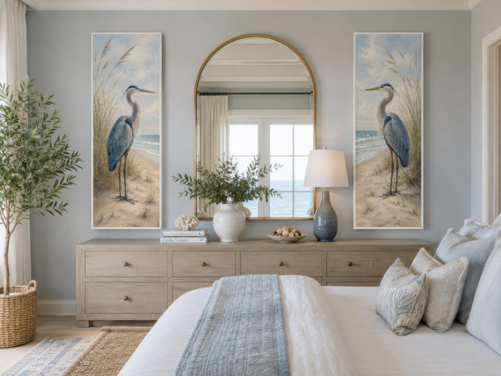 Great Blue Heron Wall Art – Set of Two Tall Narrow Coastal Canvas Prints for Beach House