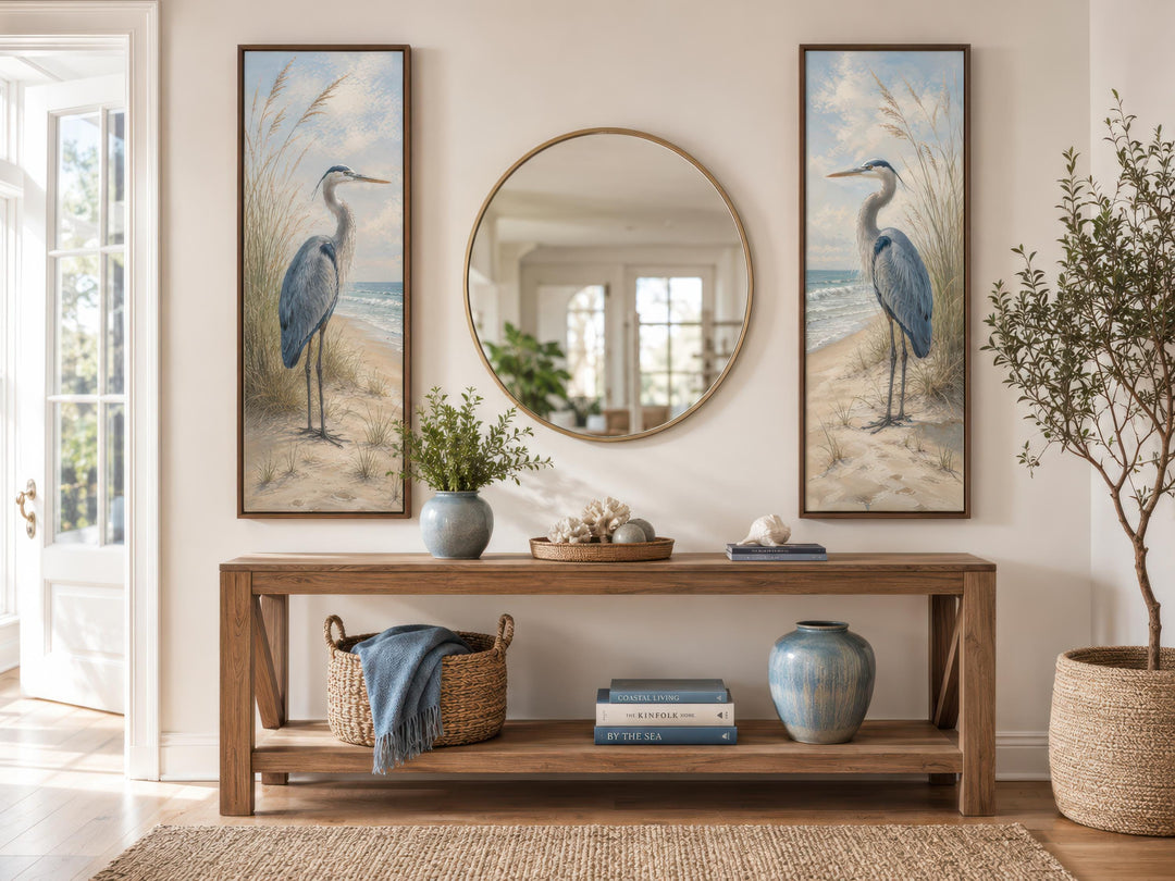 Great Blue Heron Wall Art – Set of Two Tall Narrow Coastal Canvas Prints for Beach House