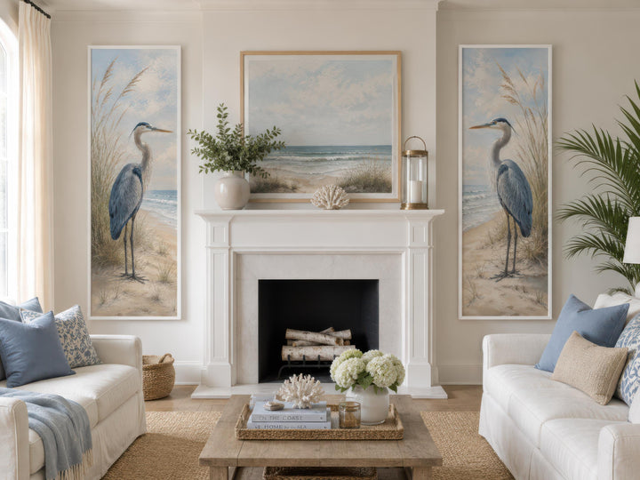 Great Blue Heron Wall Art – Set of Two Tall Narrow Coastal Canvas Prints for Beach House