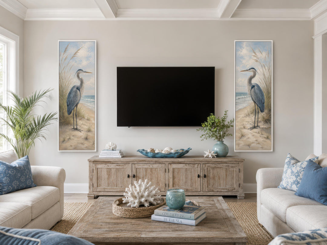Great Blue Heron Wall Art – Set of Two Tall Narrow Coastal Canvas Prints for Beach House