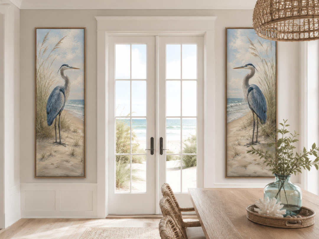 Great Blue Heron Wall Art – Set of Two Tall Narrow Coastal Canvas Prints for Beach House