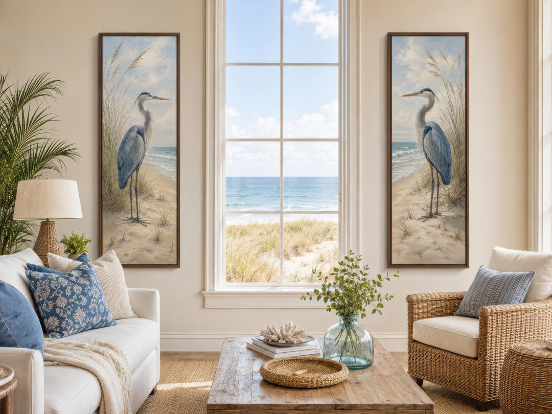 Great Blue Heron Wall Art – Set of Two Tall Narrow Coastal Canvas Prints for Beach House