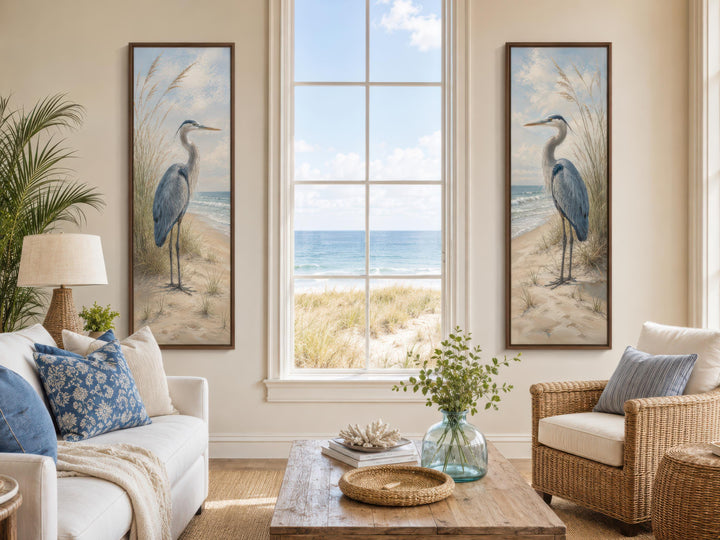 Great Blue Heron Wall Art – Set of Two Tall Narrow Coastal Canvas Prints for Beach House