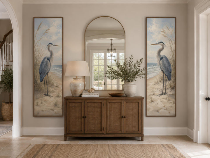 Great Blue Heron Wall Art – Set of Two Tall Narrow Coastal Canvas Prints for Beach House