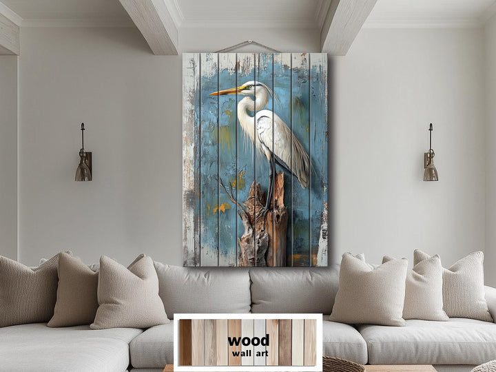 Great Egret distressed Wood Wall Art