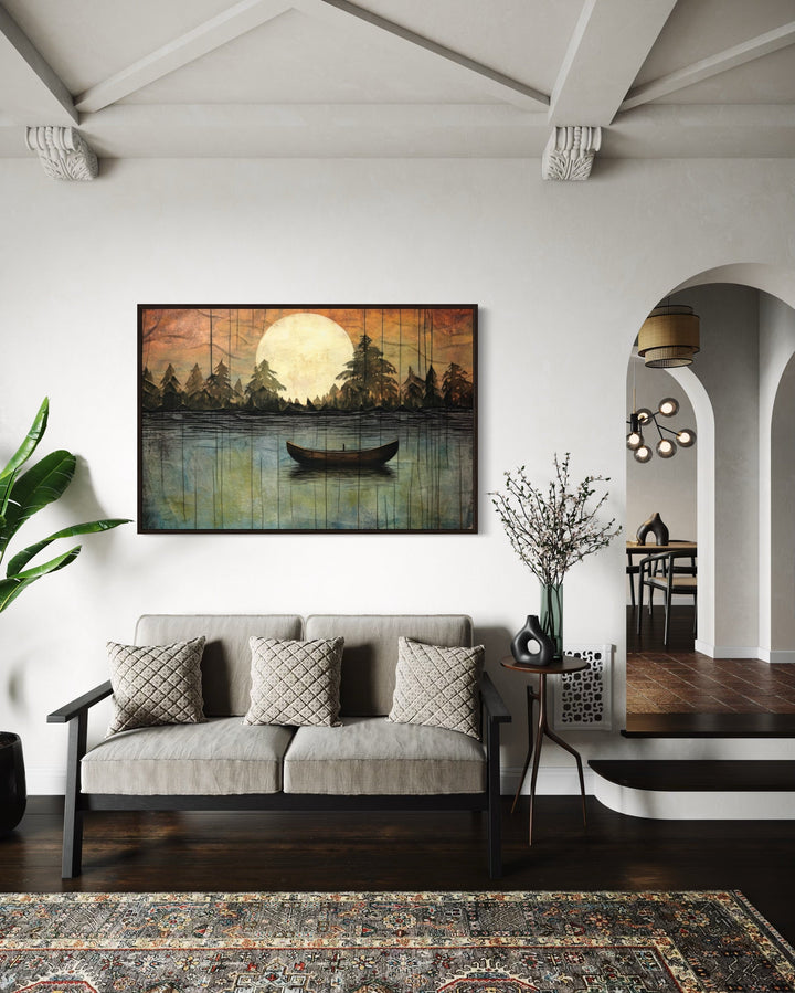 Great Outdoors Nature Lake Moon Boat Framed Canvas Wall Art