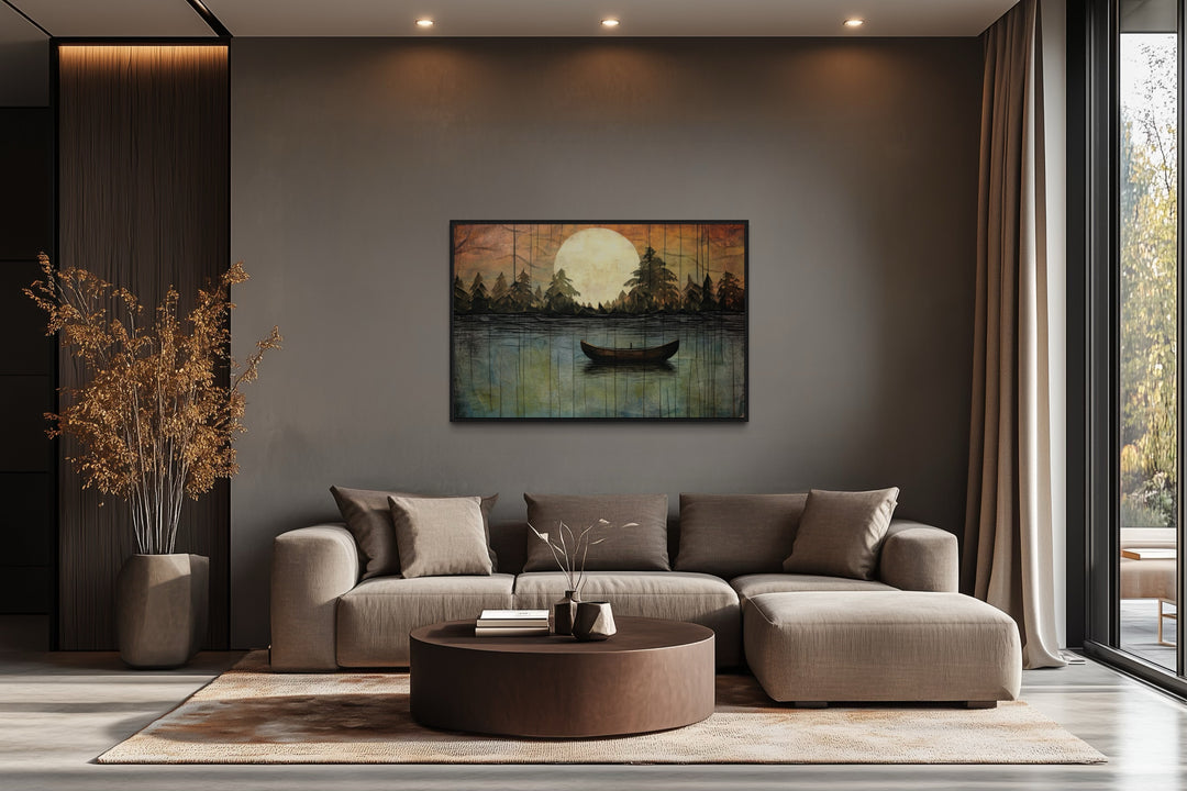 Great Outdoors Nature Lake Moon Boat Framed Canvas Wall Art