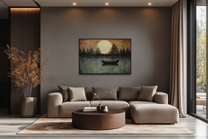 Great Outdoors Nature Lake Moon Boat Framed Canvas Wall Art