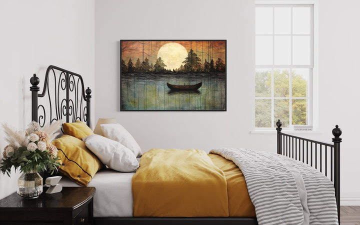 Great Outdoors Nature Lake Moon Boat Framed Canvas Wall Art