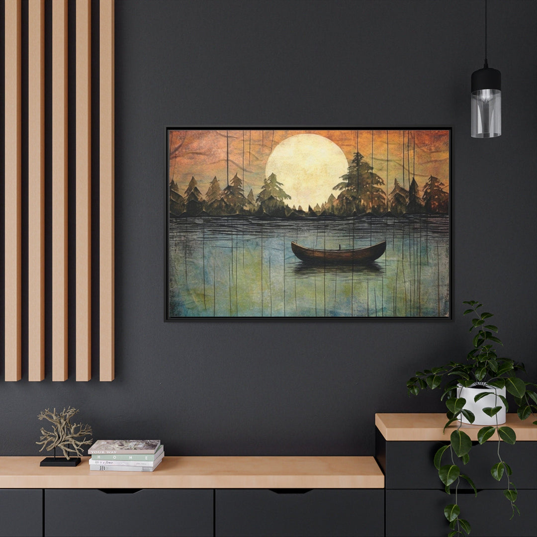 Great Outdoors Nature Lake Moon Boat Framed Canvas Wall Art