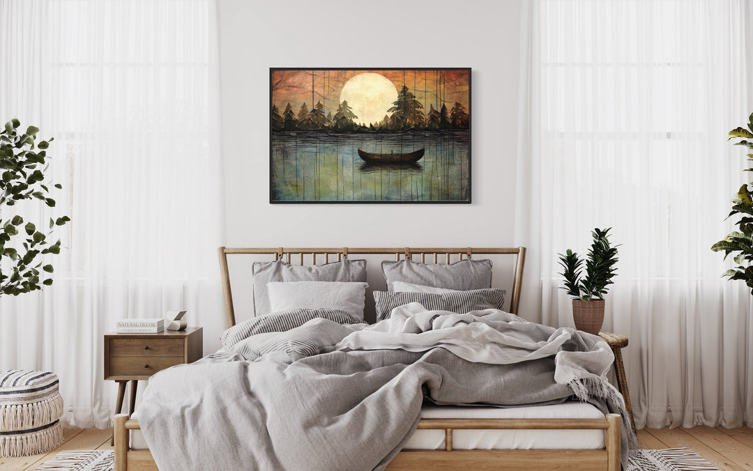 Great Outdoors Nature Lake Moon Boat Framed Canvas Wall Art