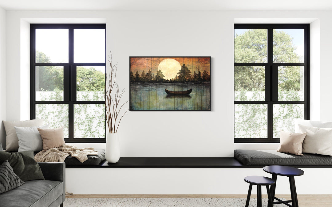 Great Outdoors Nature Lake Moon Boat Framed Canvas Wall Art