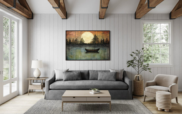 Great Outdoors Nature Lake Moon Boat Framed Canvas Wall Art