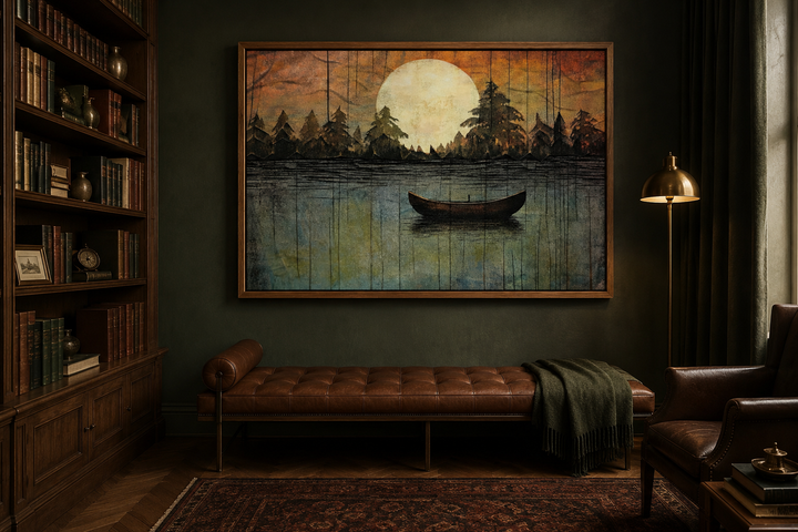 Framed canvas wall art of a boat on a lake under a full moon, hanging in a rustic study.