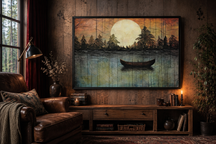 Framed canvas wall art of a boat on a lake under a full moon in a rustic cabin setting.