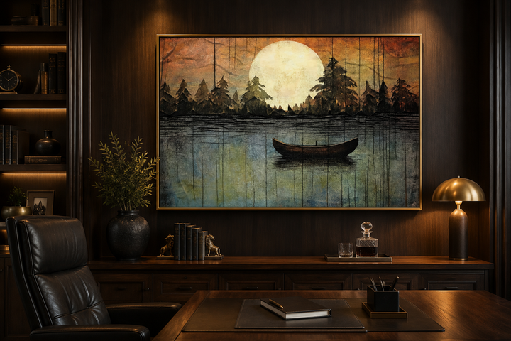 Framed canvas wall art of a boat on a moonlit lake, hanging in a dark wood office setting.