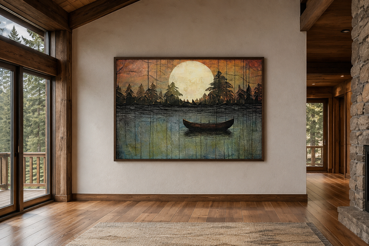 Framed canvas wall art of a boat on a moonlit lake with trees, hanging in a rustic cabin interior.