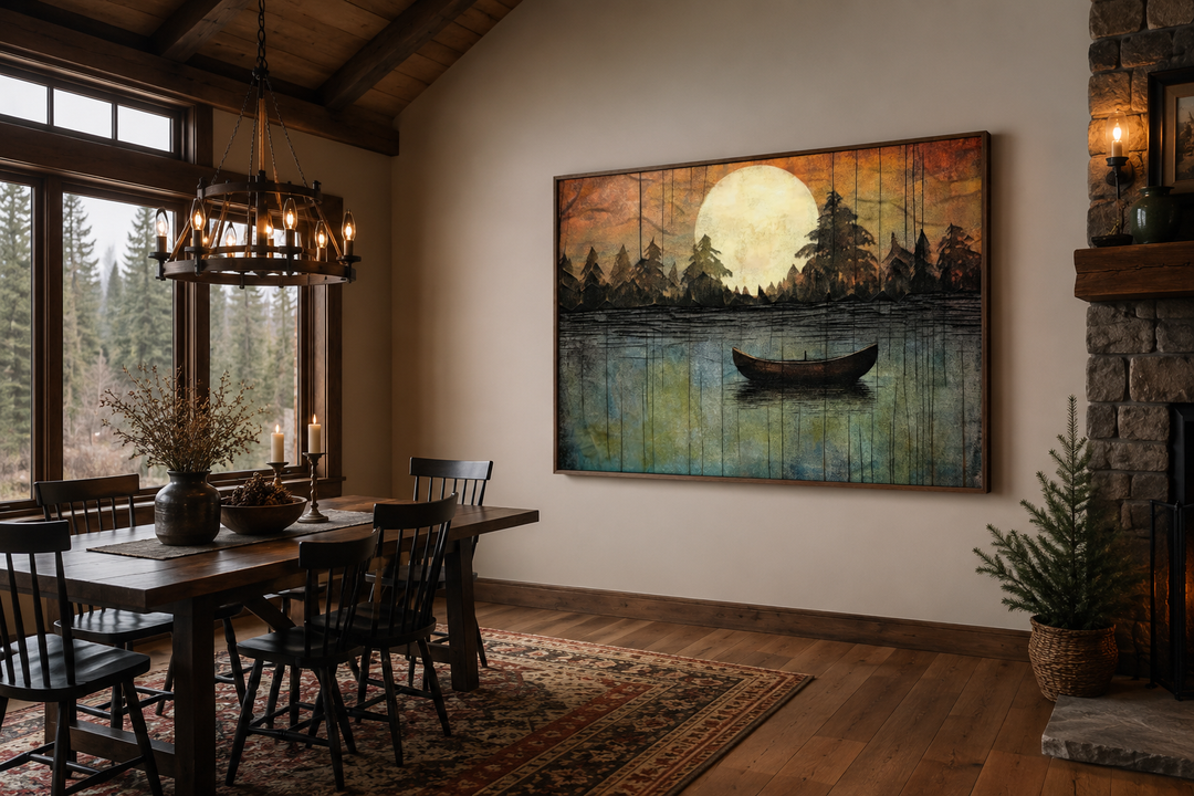 Framed canvas wall art of a moonlit lake with a boat, hanging in a rustic cabin dining room.