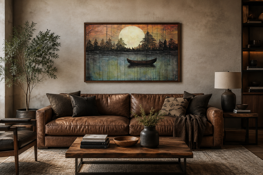 Framed canvas wall art of a moonlit lake with a boat, hanging above a brown leather sofa.