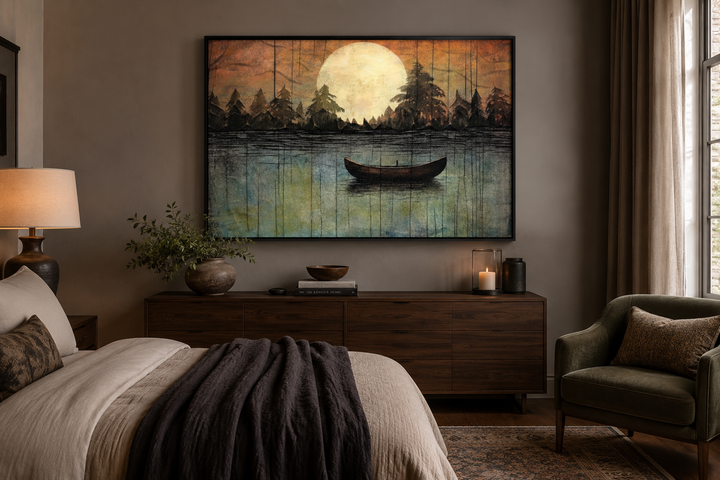 Framed canvas wall art of a boat on a lake under a full moon, hanging above a bedroom dresser.