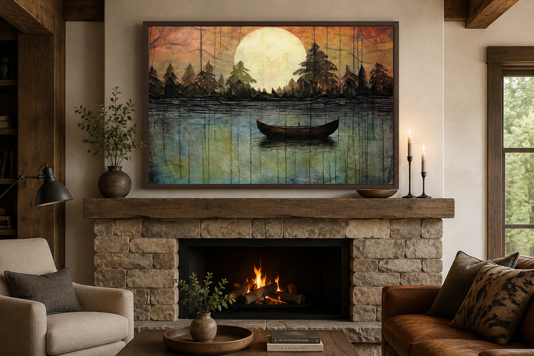 Framed canvas art of a boat on a moonlit lake above a stone fireplace in a rustic cabin living room.