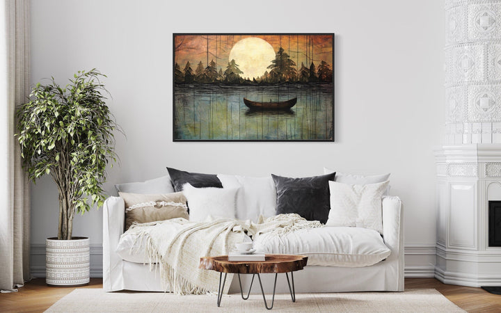 Great Outdoors Nature Lake Moon Boat Framed Canvas Wall Art