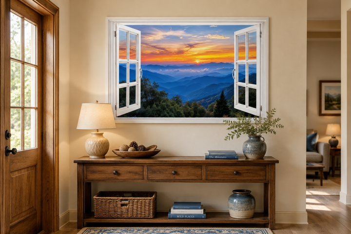 Great Smokey Mountains sunset canvas wall art with a realistic open window frame illusion.