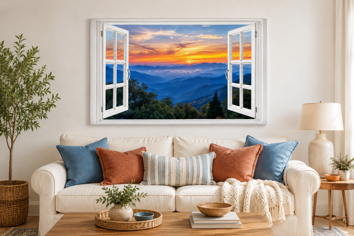 Great Smokey Mountains sunset canvas wall art with a faux open window frame over a living room sofa.