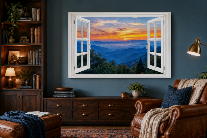 Great Smokey Mountains sunset open window canvas wall art in a cozy, rustic living room.