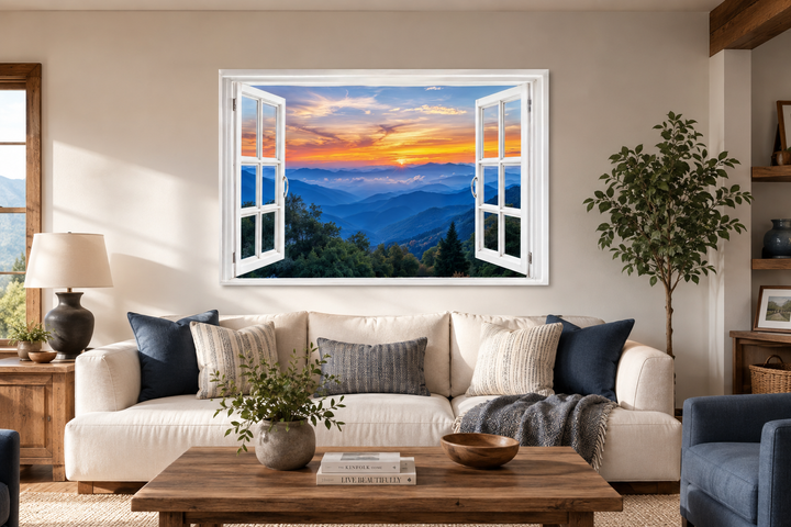 Great Smokey Mountains sunset open window canvas wall art above a white sofa in a living room.