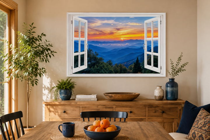 Great Smokey Mountains sunset canvas wall art with a faux open window frame over a wooden sideboard.