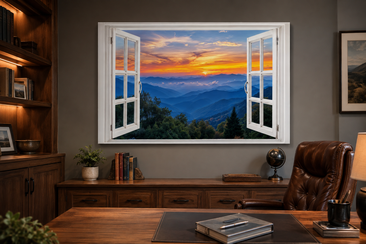 Great Smokey Mountains sunset open window canvas wall art in a rustic office setting.