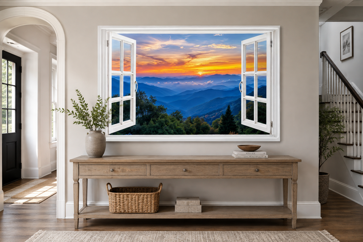 Great Smokey Mountains sunset open window canvas wall art above a wooden console table.