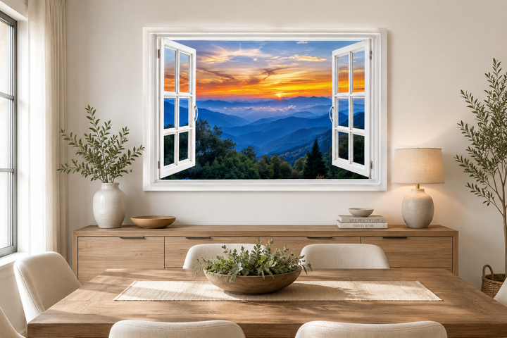 Great Smokey Mountains sunset open window canvas wall art in a dining room setting.