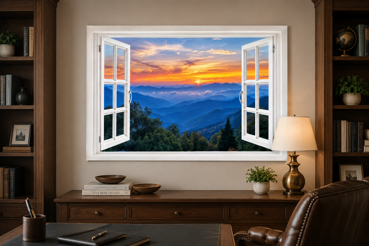 Great Smokey Mountains sunset canvas wall art with a realistic open window frame illusion.