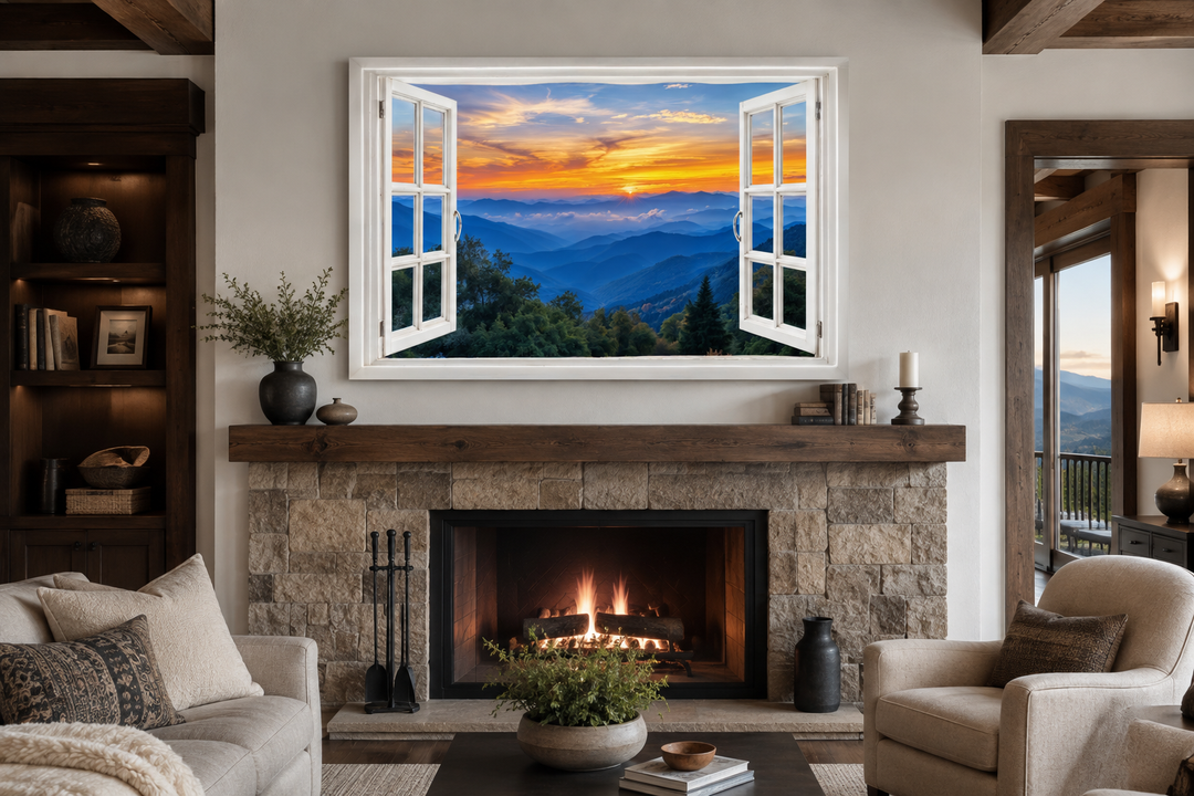Great Smokey Mountains sunset canvas wall art with a faux open window frame above a stone fireplace.